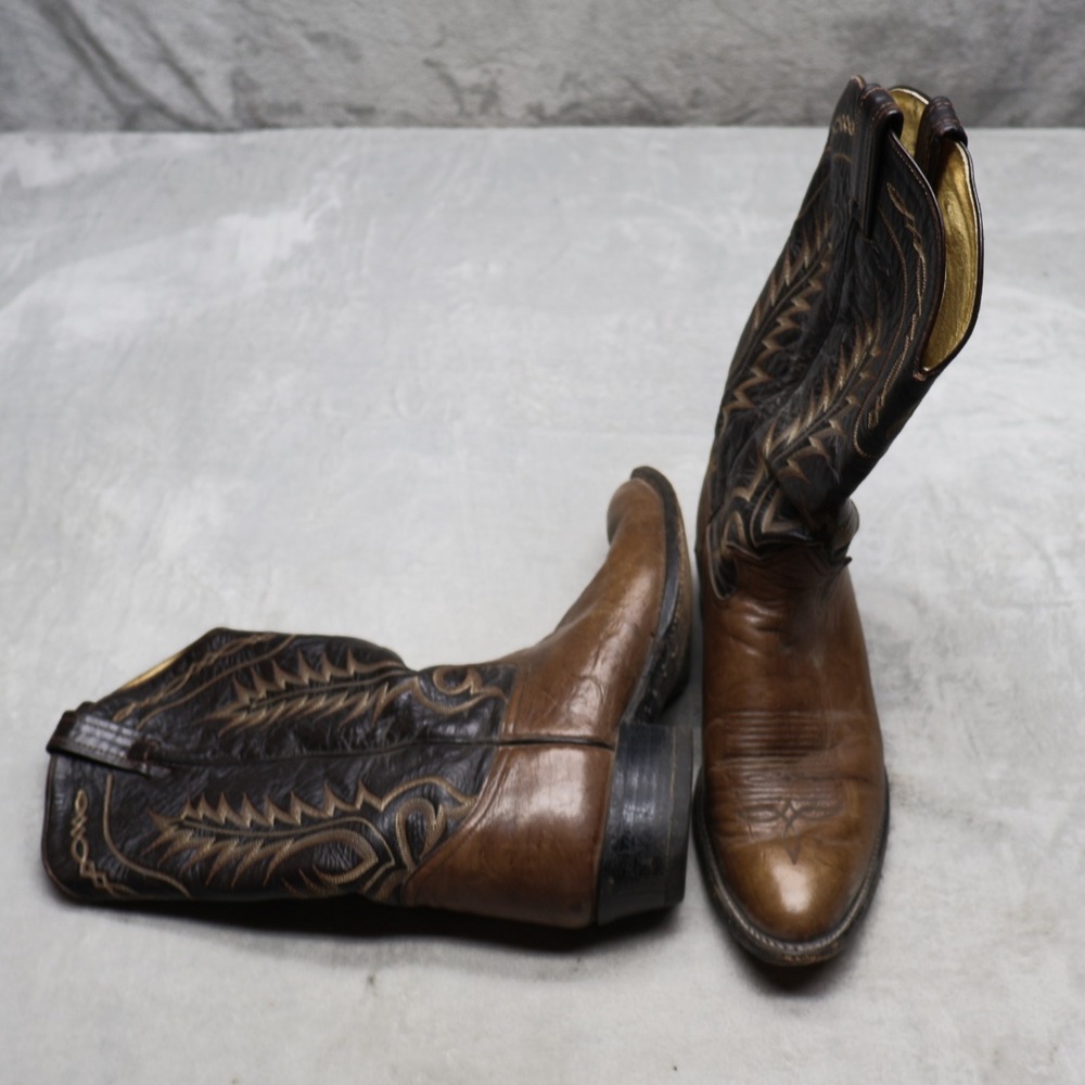 Tony Lama Mens 10.5D Western Boots Brown Leather Stitched Pull On Rodeo VTG 6703